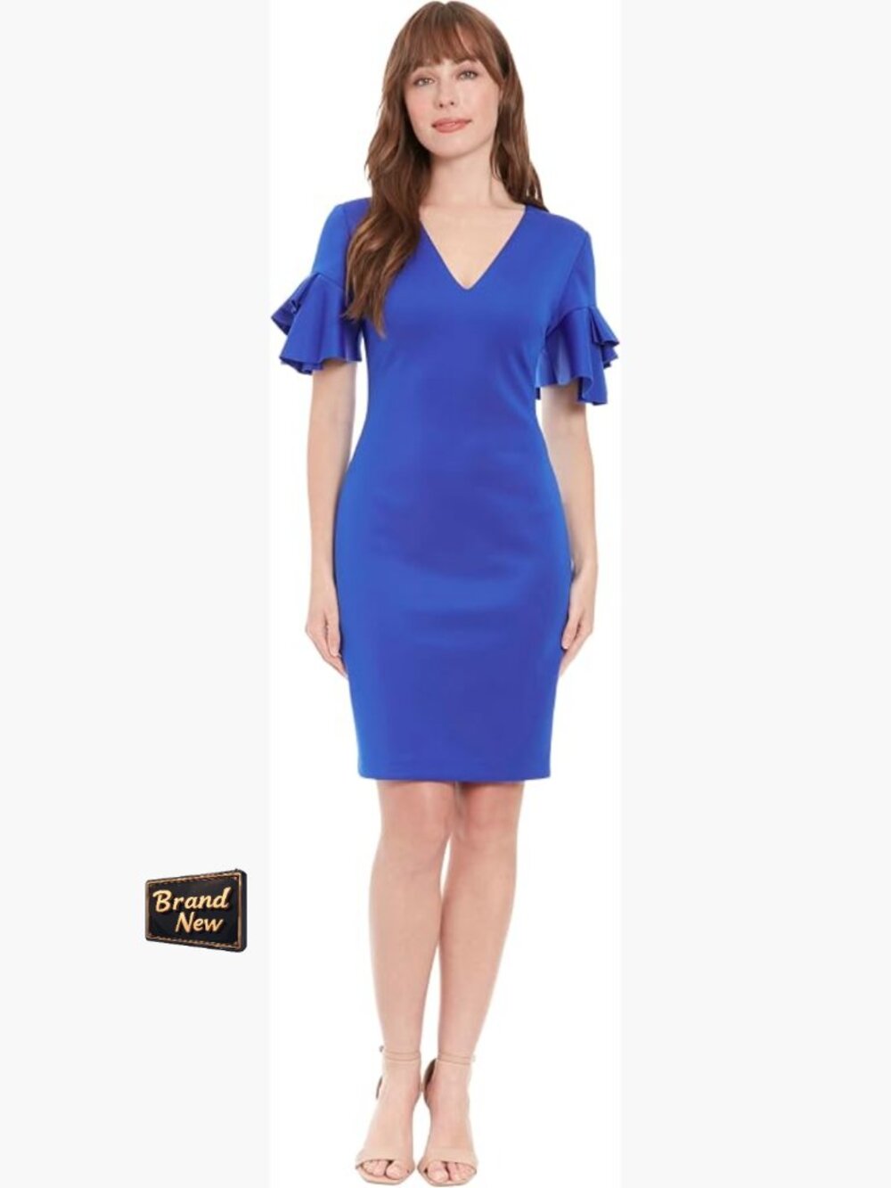 Sheath Cocktail Dress V-Neck Ruffle Sleeves Knee Length Party